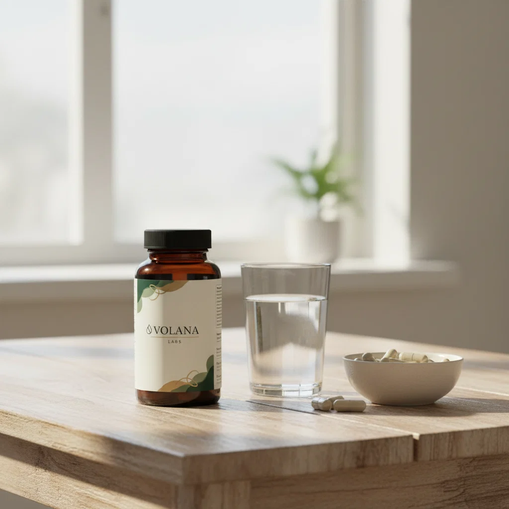 Volana Labs white supplement bottle with green label on a kitchen table
